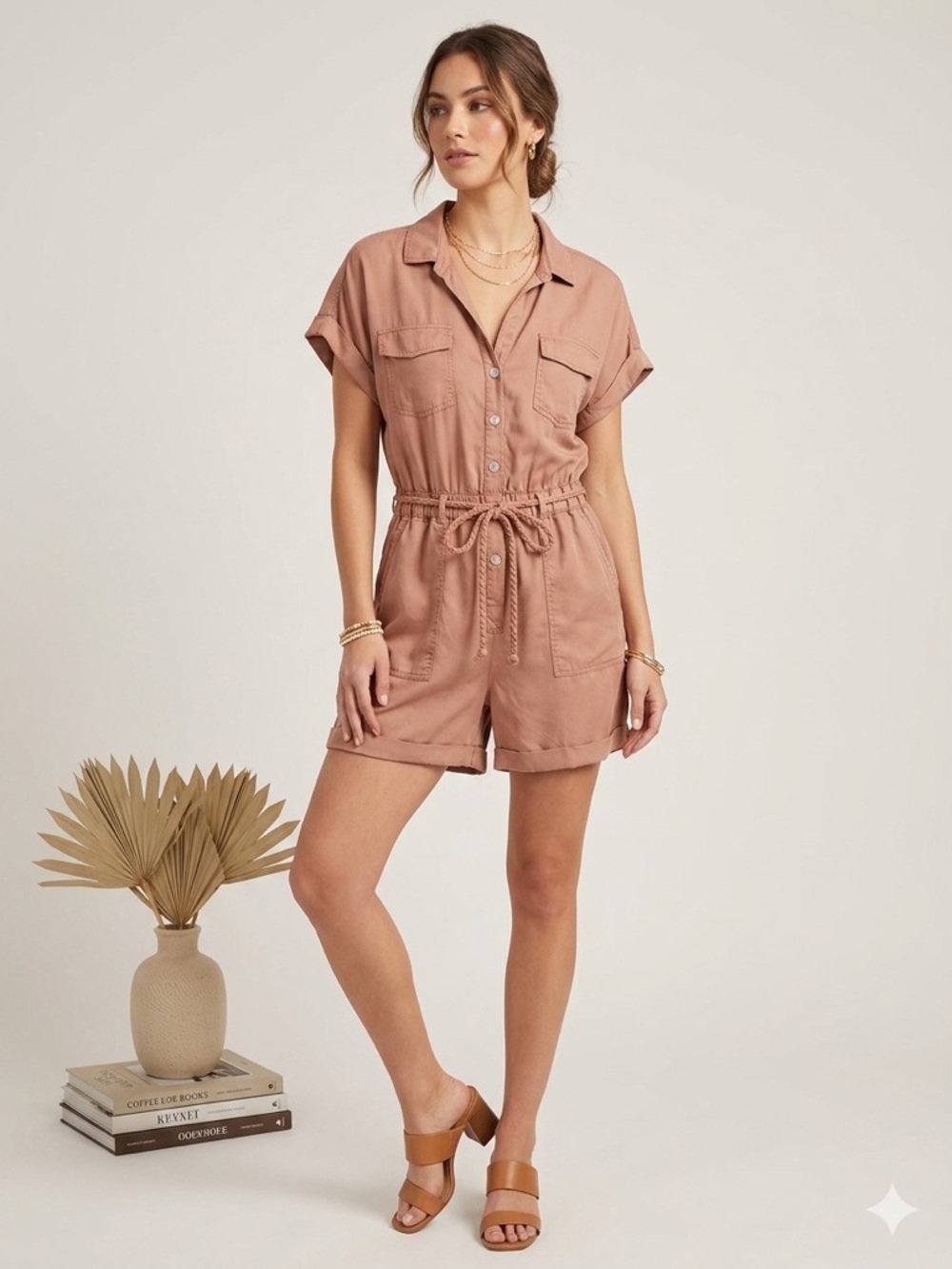 C&C California Dusty Rose Utility Romper Tie Waist Button Front Short Sleeve 12